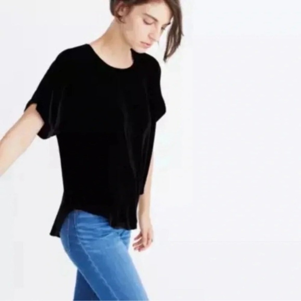 Madewell Black Velvet Short Sleeve Keyhole Back Blouse Top Small